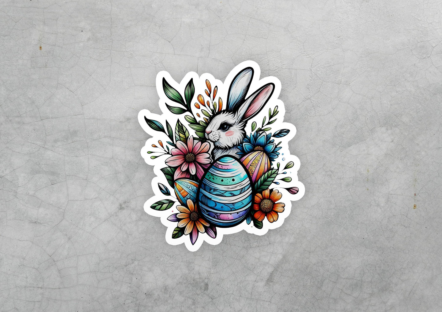 a sticker of a bunny with flowers and an egg
