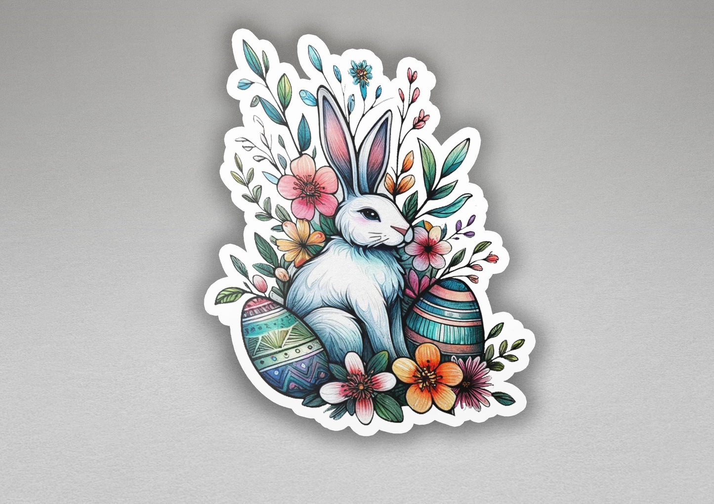 a sticker of a rabbit with flowers and eggs