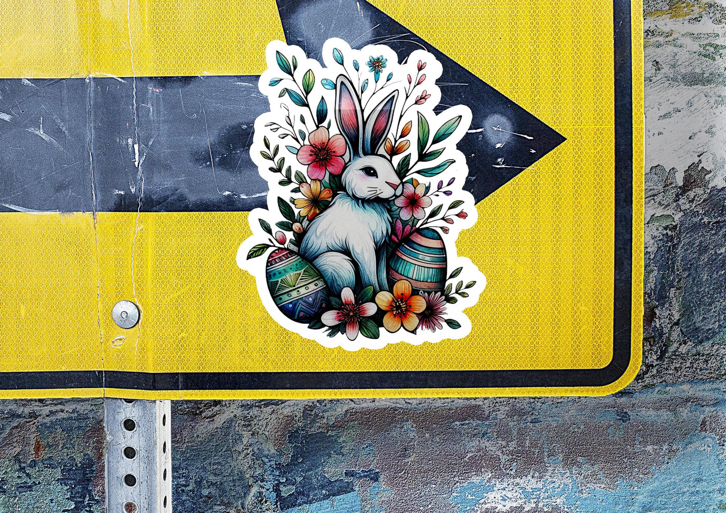 a sticker of a rabbit with flowers on it