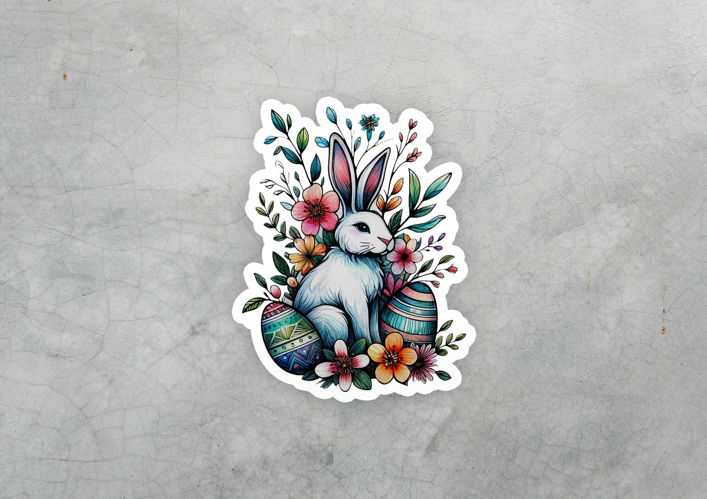 a sticker of a rabbit with flowers and eggs