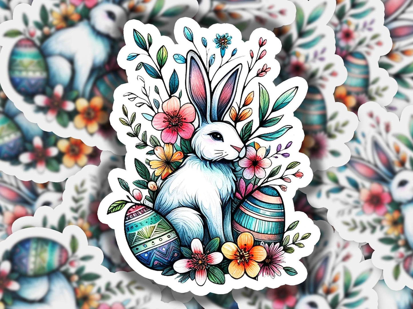a sticker of a rabbit with flowers and eggs