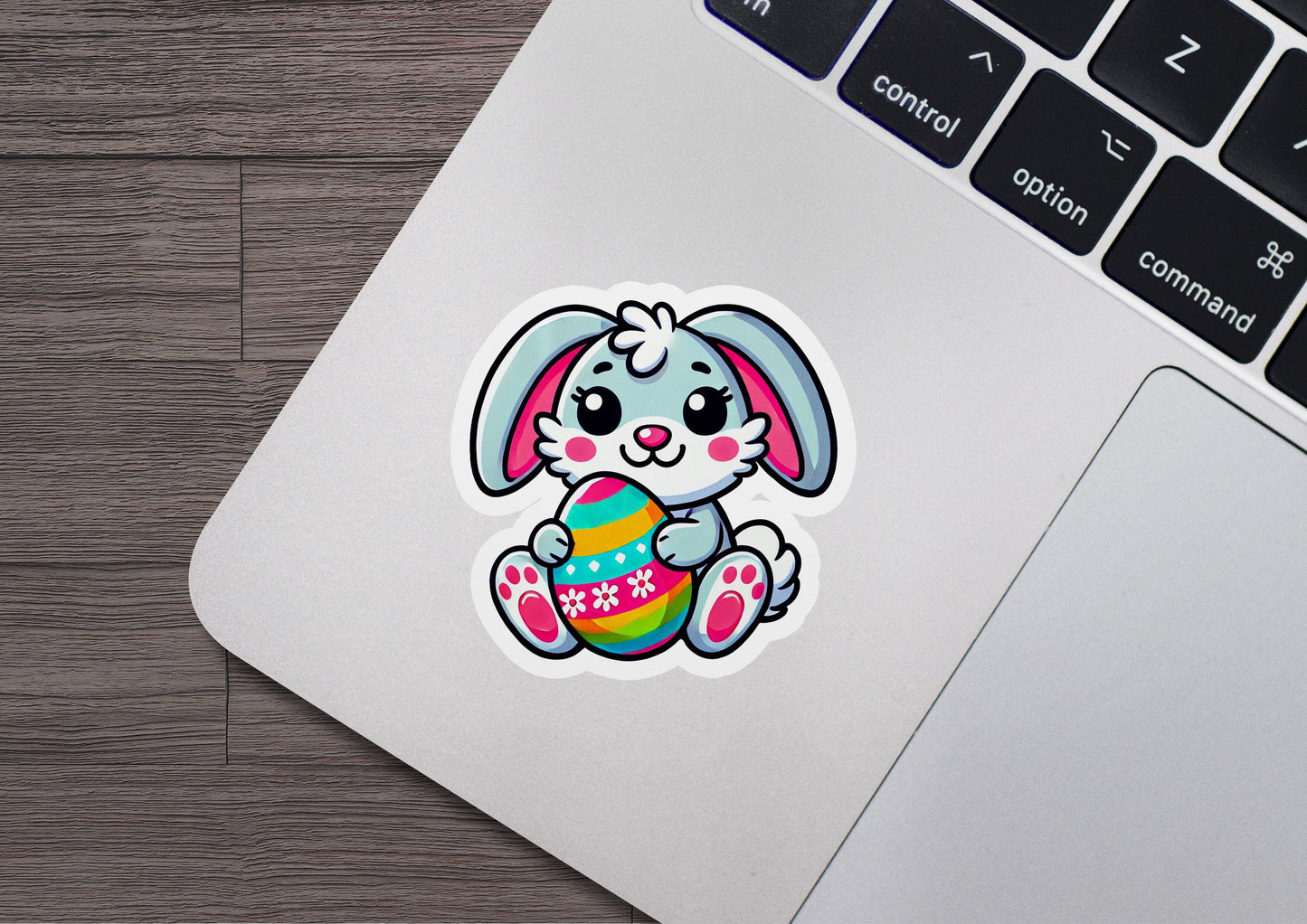 a laptop with a sticker of a bunny holding an easter egg