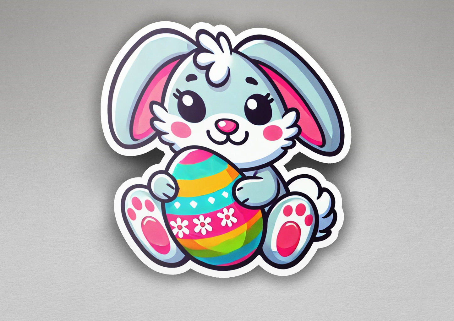 a sticker of a bunny holding an easter egg