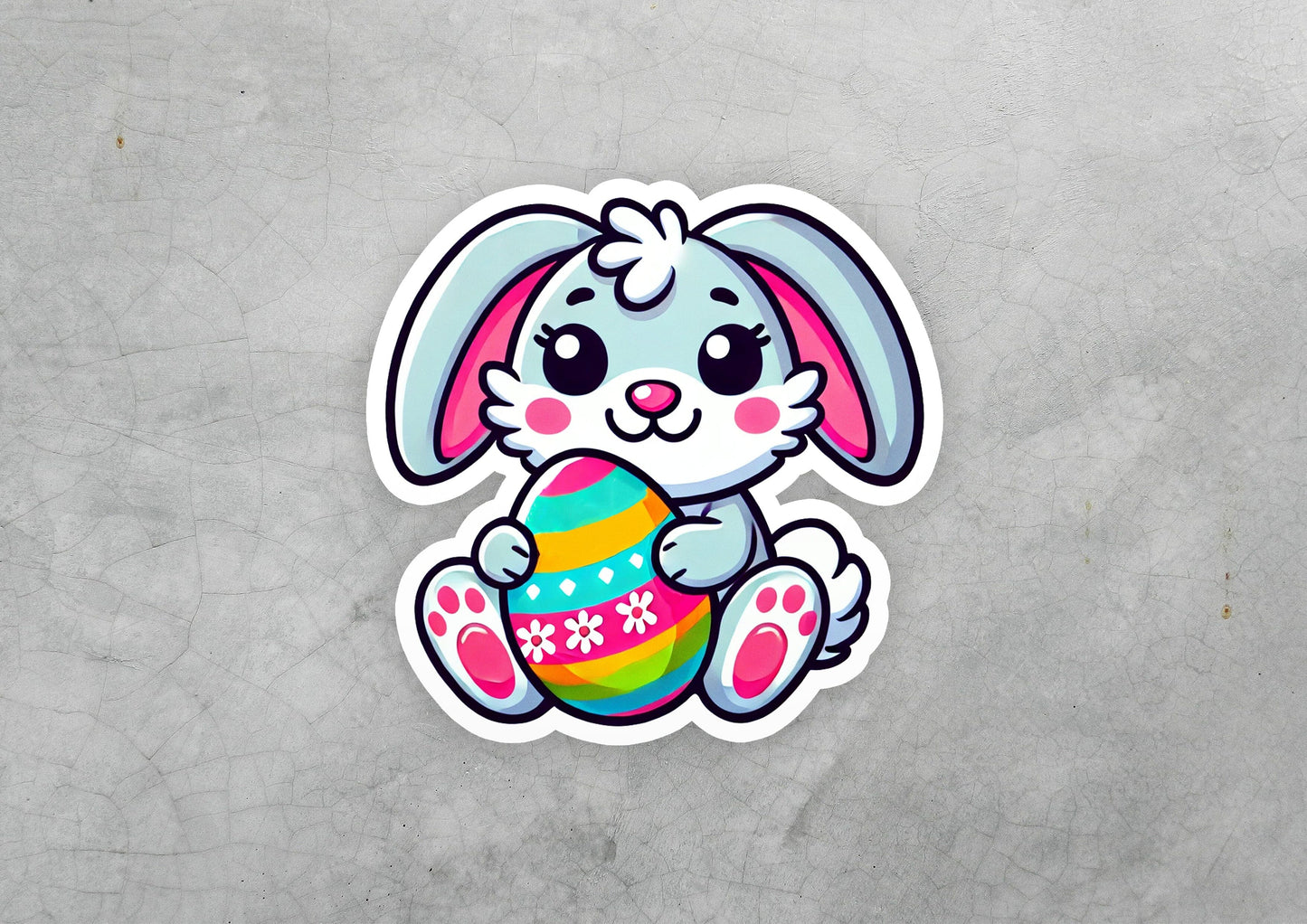 a sticker of a bunny holding an easter egg
