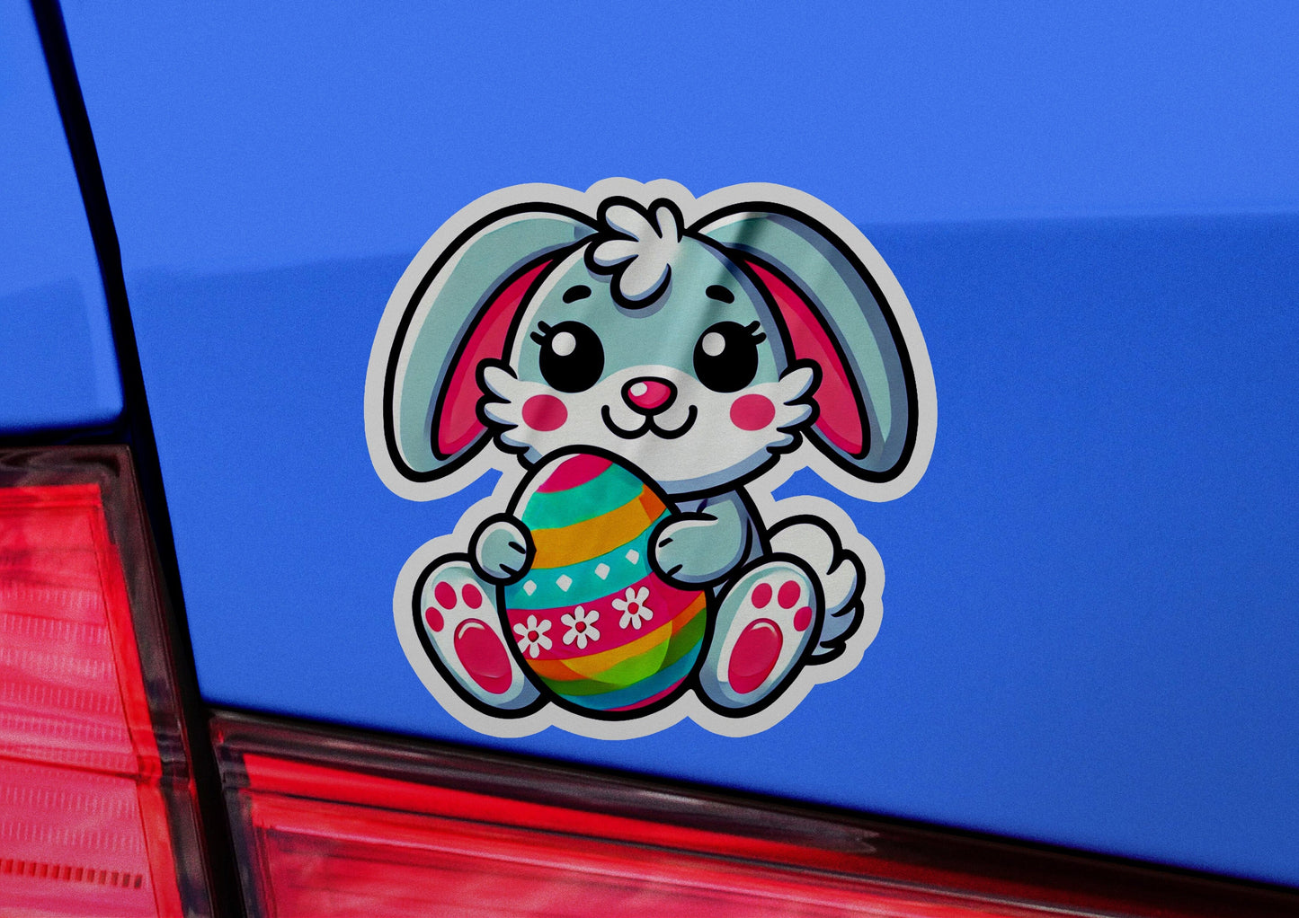 a sticker of a bunny holding an easter egg