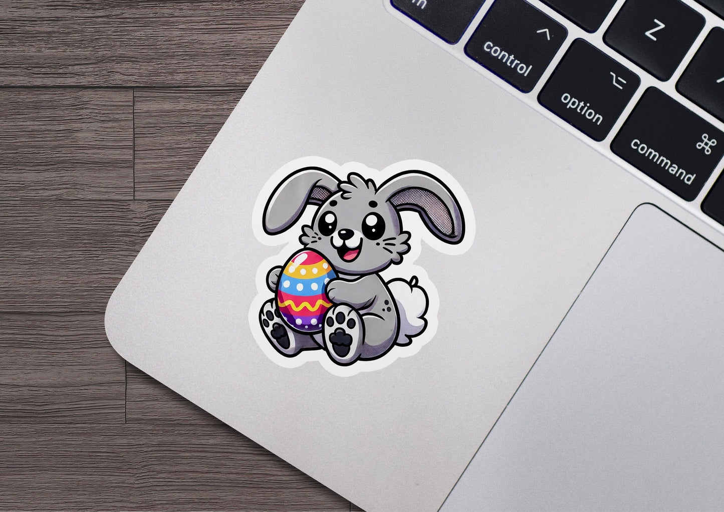 a laptop with a sticker of a bunny holding an easter egg