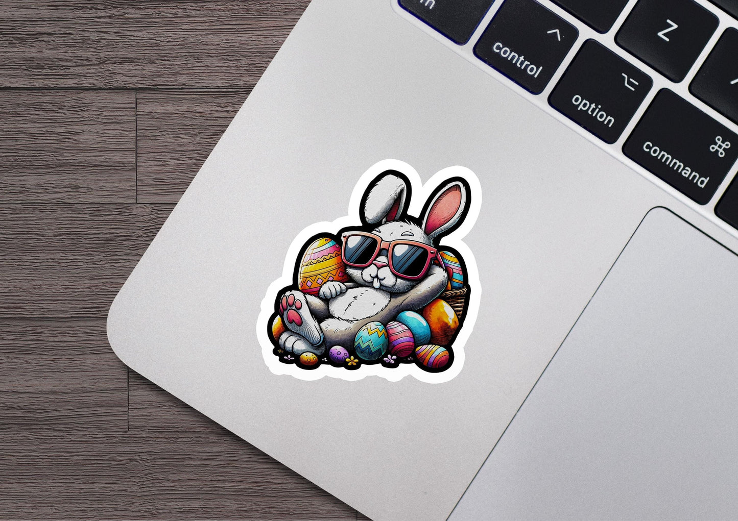 a laptop with a sticker of a bunny wearing sunglasses