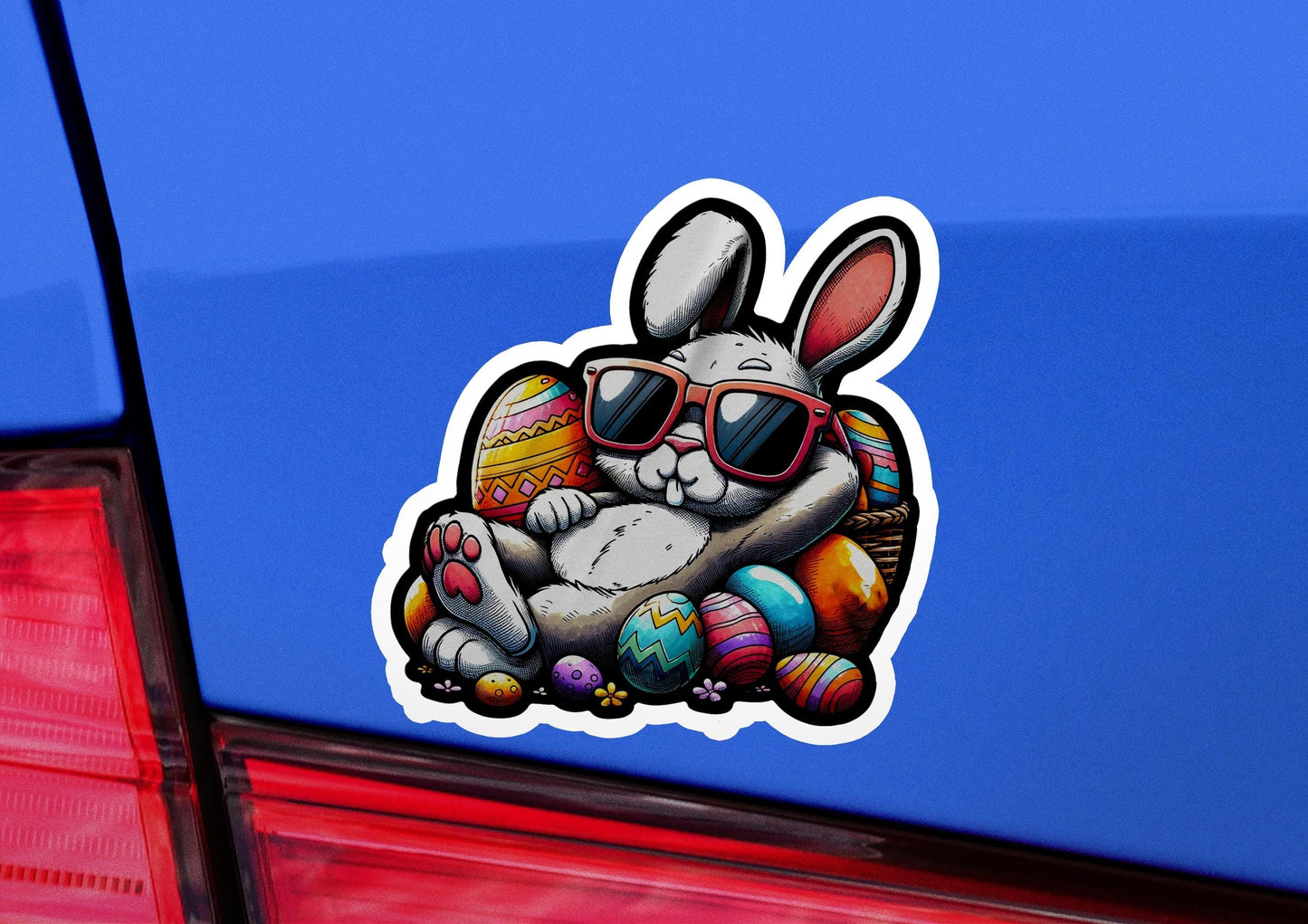 a sticker of a bunny with sunglasses and a basket of eggs