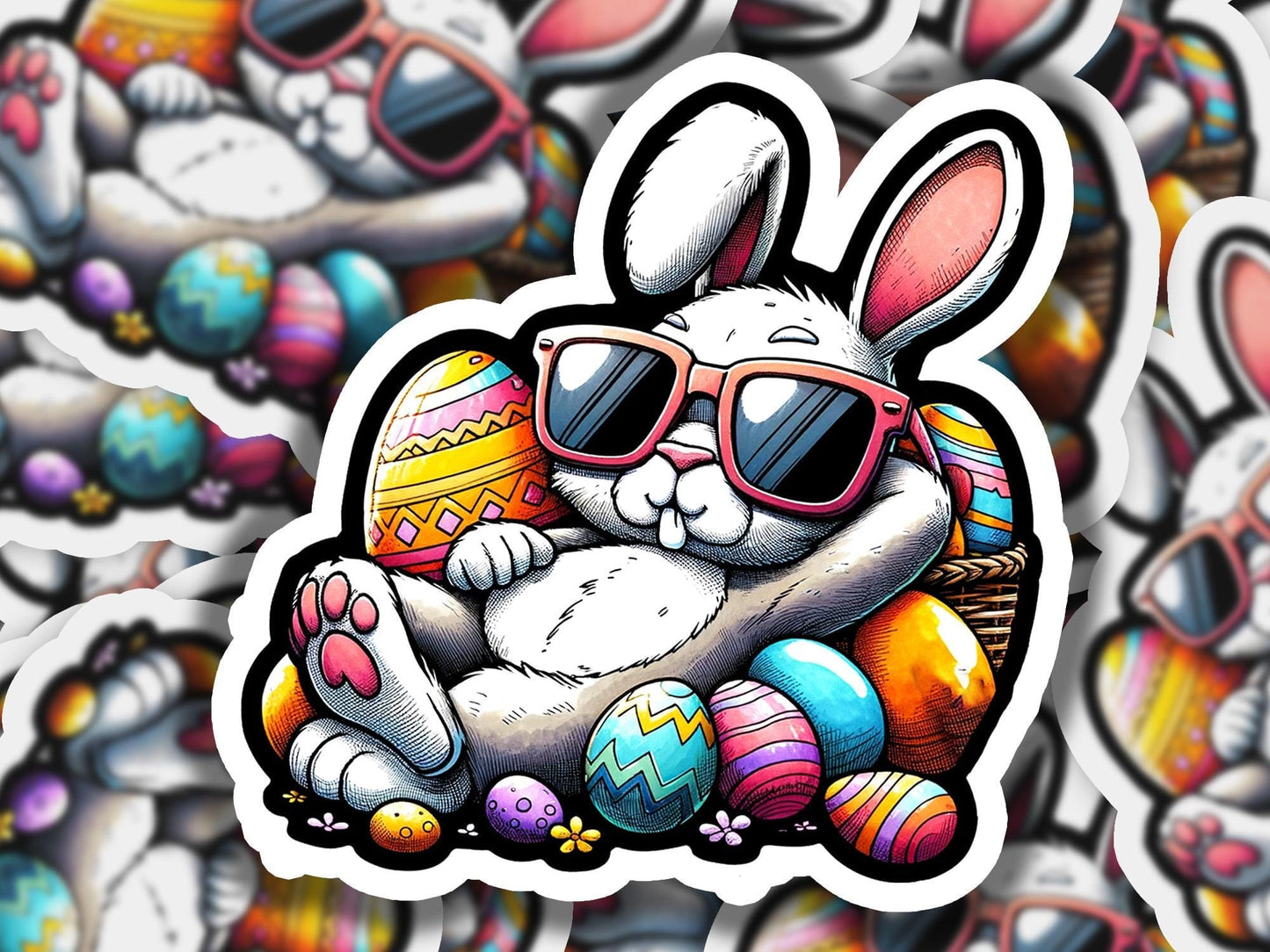 a sticker of a bunny with sunglasses and a basket of eggs