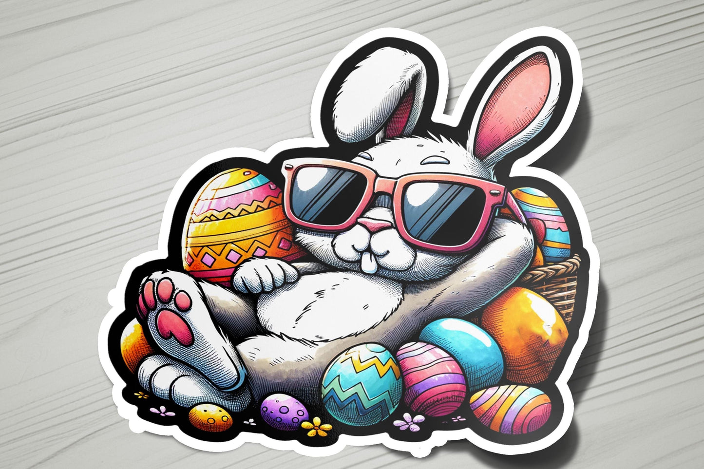 a sticker with an image of a bunny wearing sunglasses
