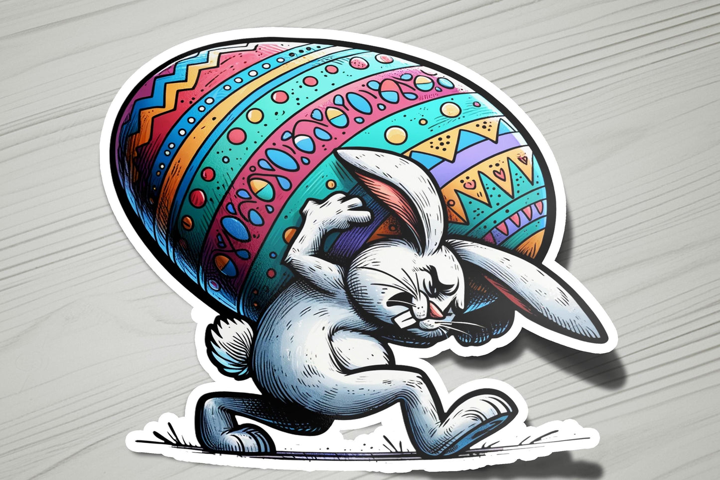a sticker of a rabbit carrying an easter egg