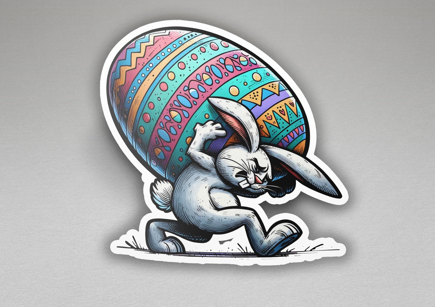 a sticker of a rabbit carrying an easter egg