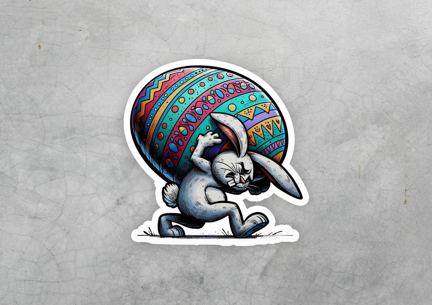 a sticker of a rabbit carrying an easter egg