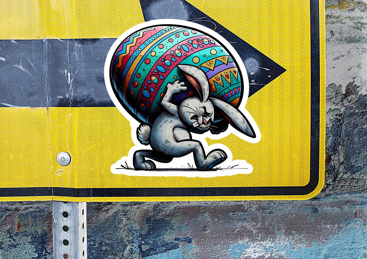 a sticker of a rabbit carrying an easter egg