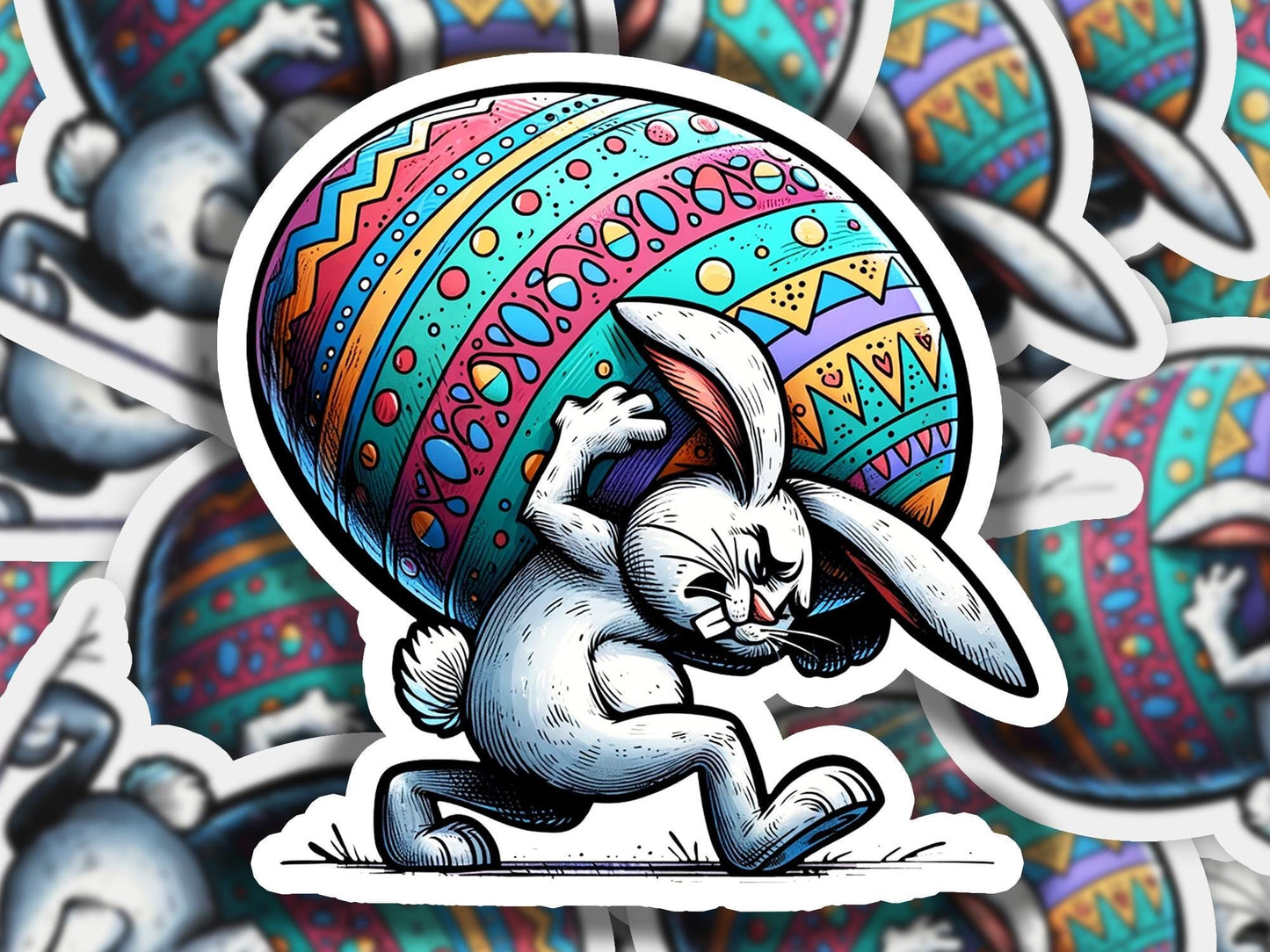 a sticker of an easter bunny carrying an egg
