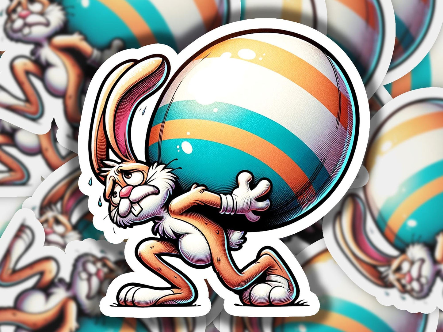 a sticker of a bunny carrying a large ball
