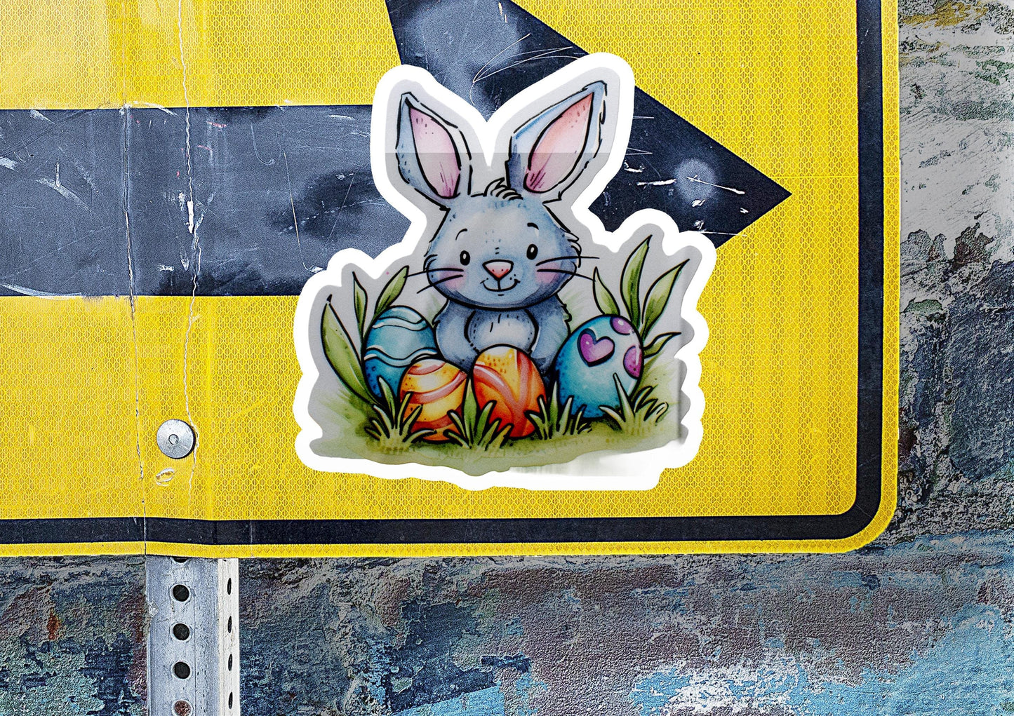a close up of a street sign with a sticker of a bunny