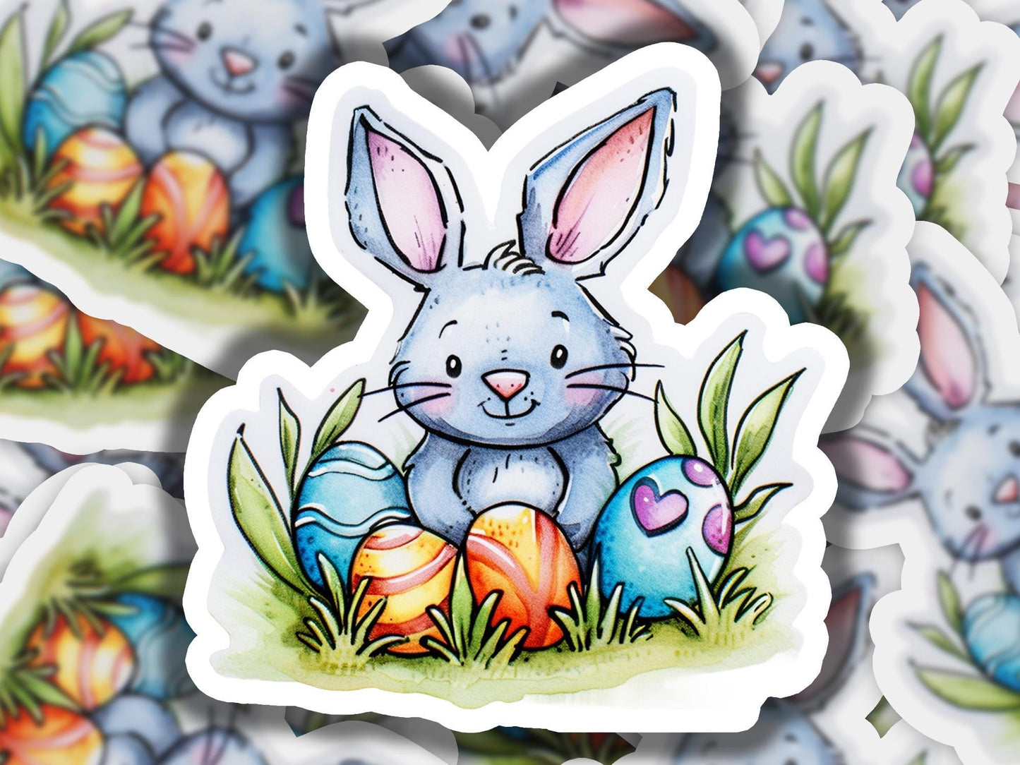 a sticker of a bunny with an egg in the grass