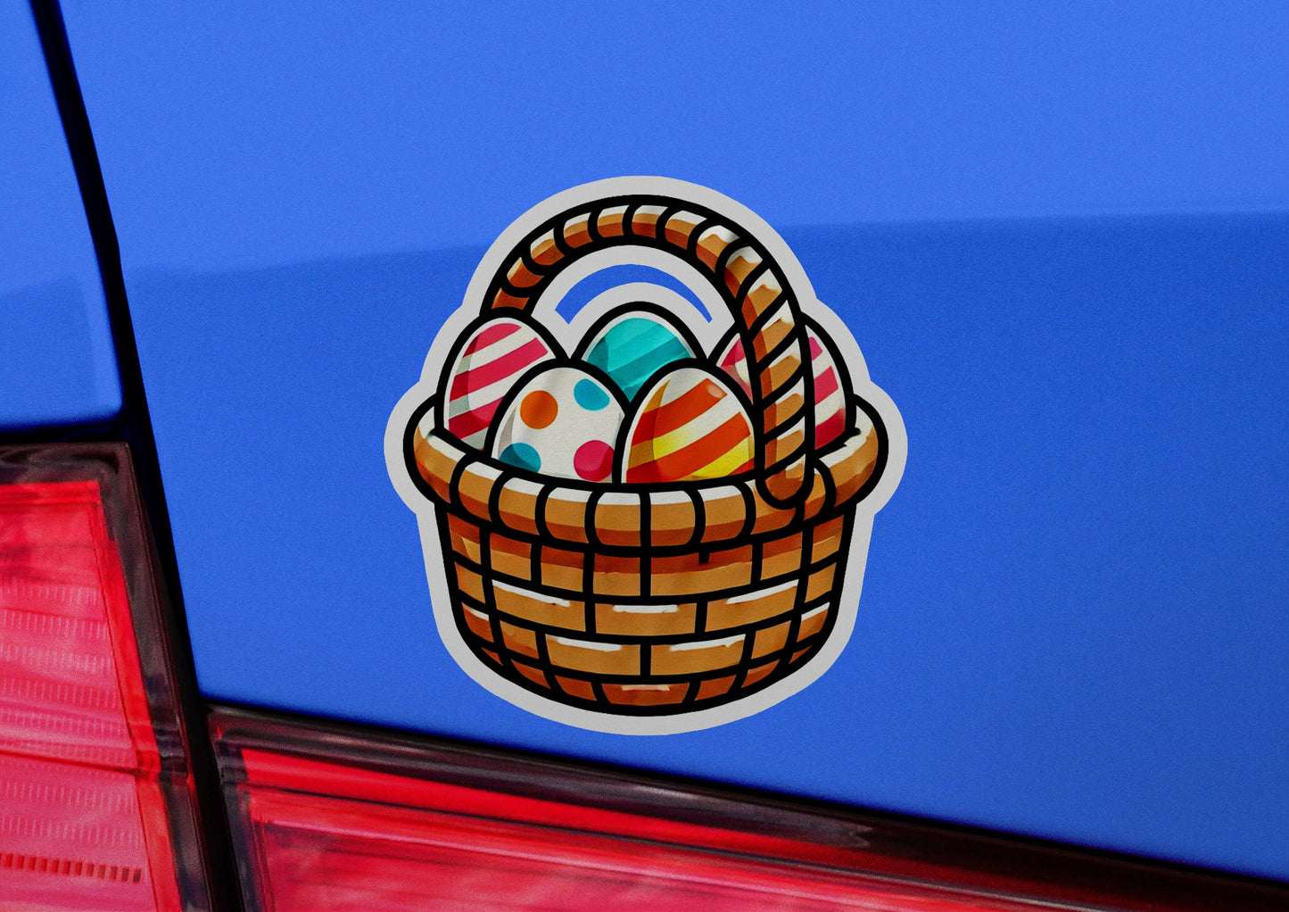 a basket of eggs sticker on the back of a car