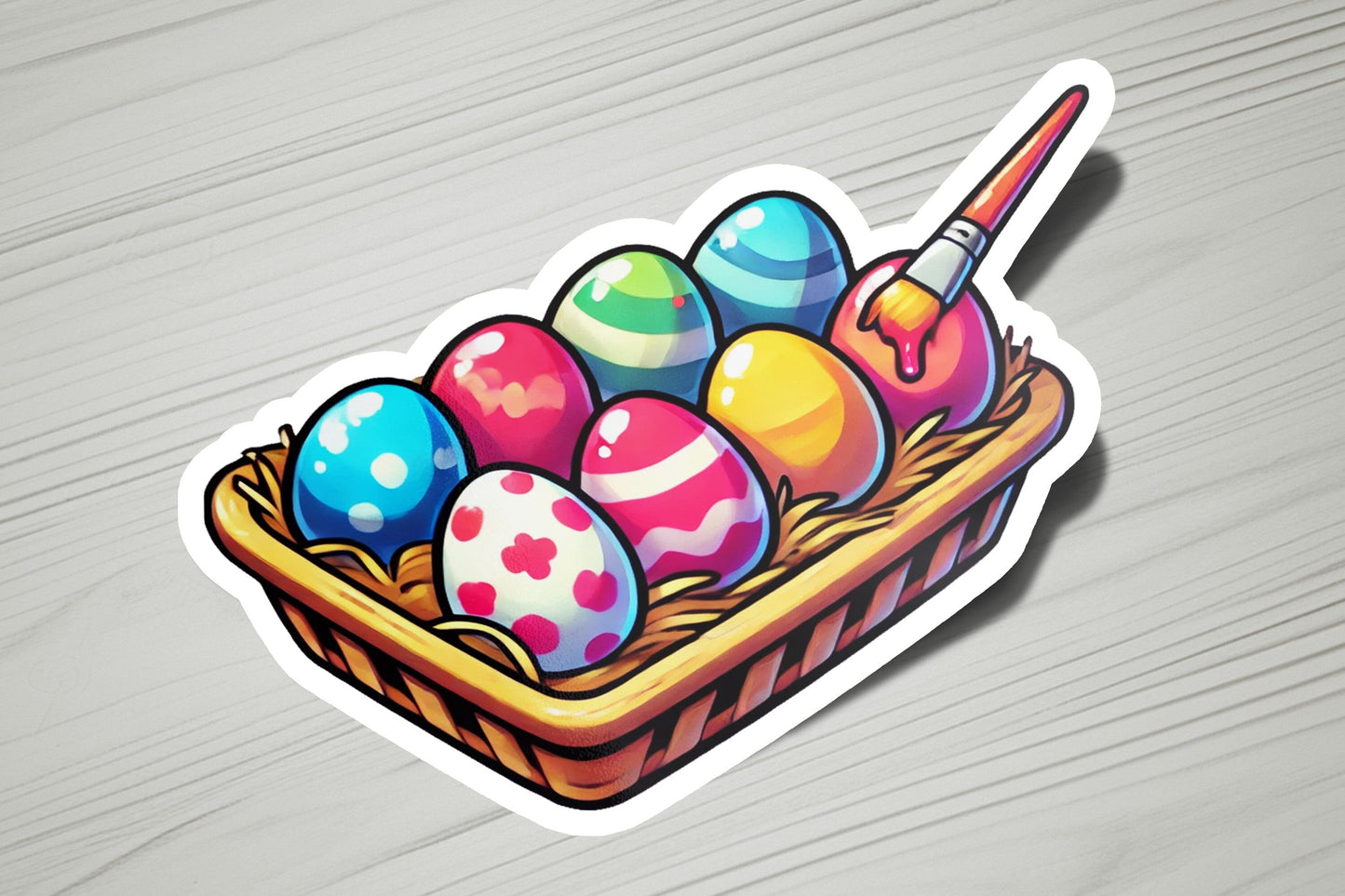 a sticker of a basket of easter eggs