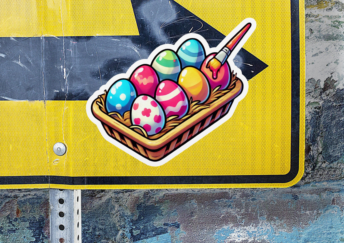 a street sign with a basket of eggs on it
