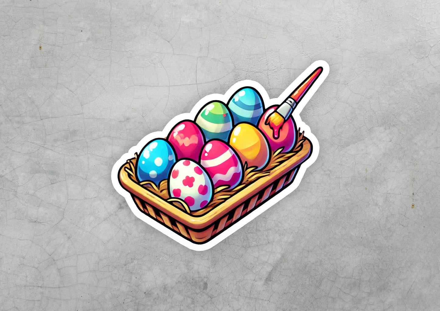 a sticker of a basket of easter eggs