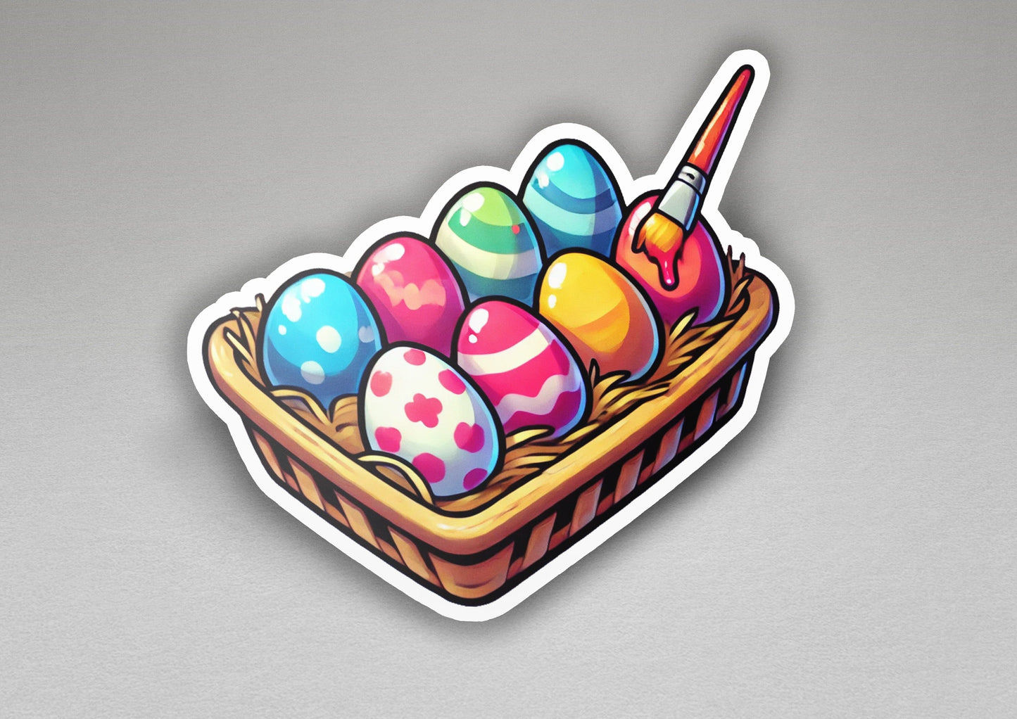 a sticker of a basket filled with colorful eggs