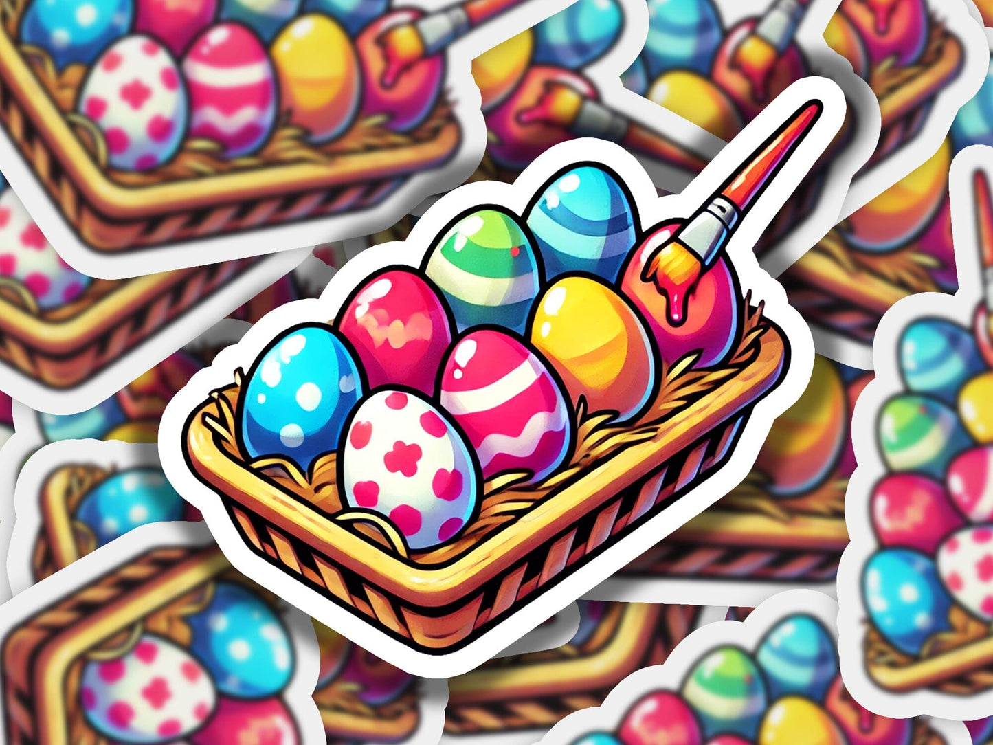 a sticker of a basket full of colorful eggs