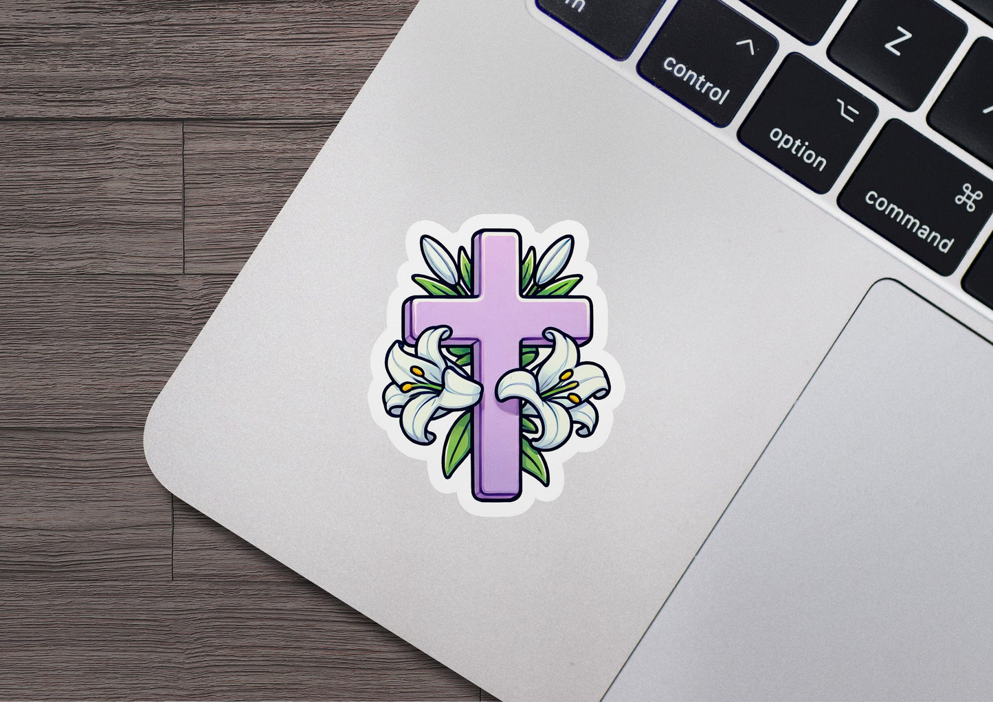 a sticker of a cross with flowers on it