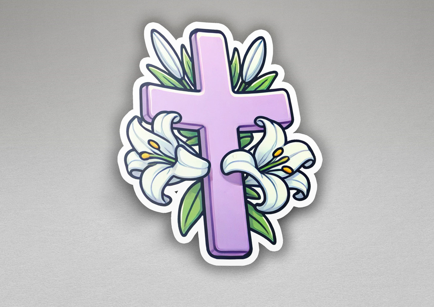 a sticker of a cross with flowers on it