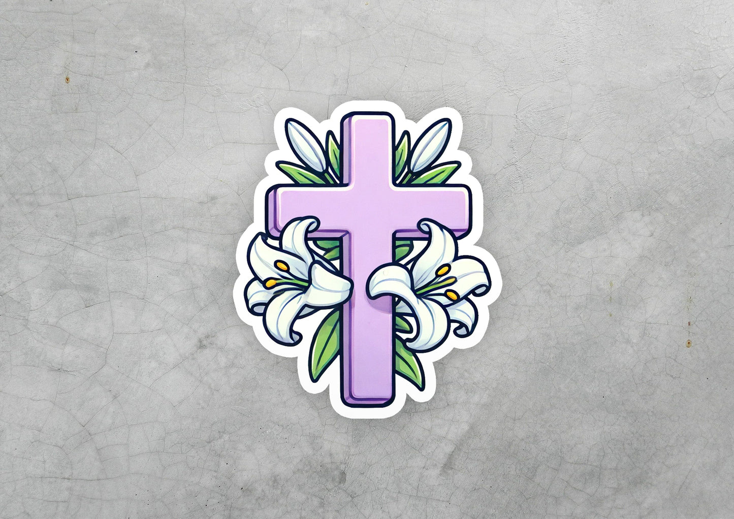 a sticker of a cross with flowers on it