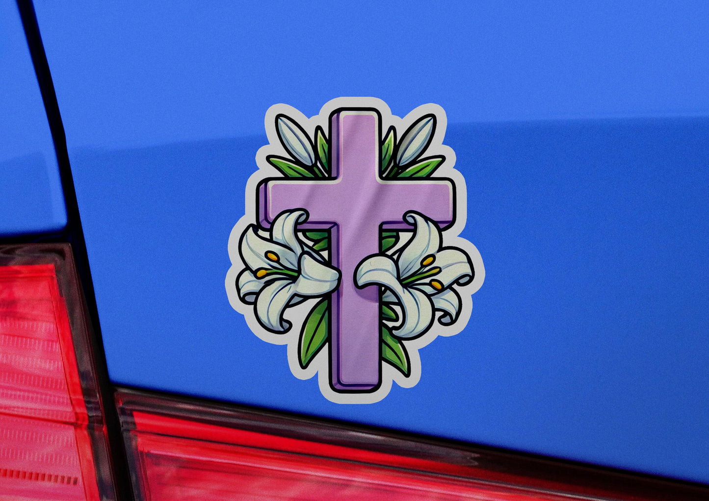 a sticker of a cross with flowers on it