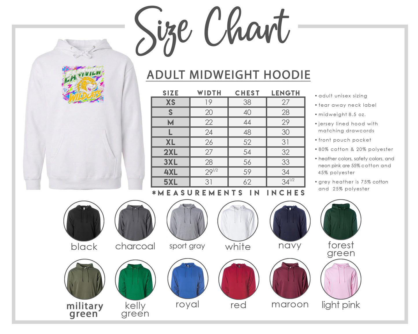 The image is a size chart for an adult midweight hoodie, including various color options and corresponding measurements in inches.