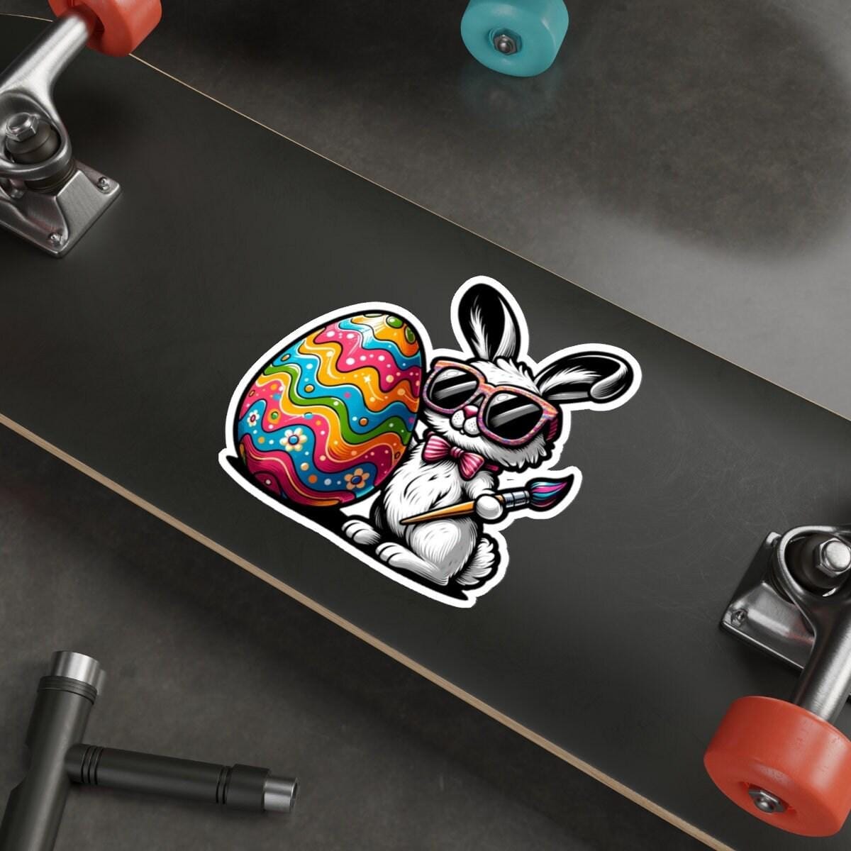 Egg-stra Stylish Painter Easter Bunny Die-Cut Vinyl Sticker | Dishwasher Safe & Durable | Custom Sizes | Fast Shipping | Made in USA Fiesta Doodle waterproof vinyl sticker. dishwasher safe outdoor sticker.