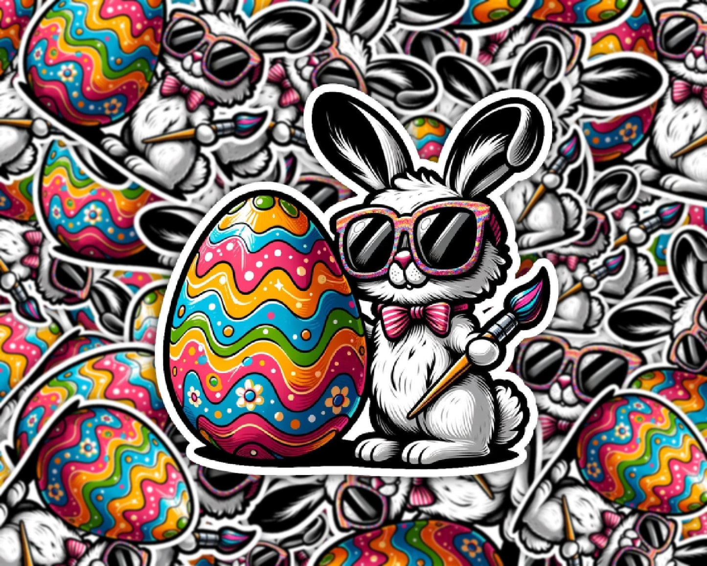Egg-stra Stylish Painter Easter Bunny Die-Cut Vinyl Sticker | Dishwasher Safe & Durable | Custom Sizes | Fast Shipping | Made in USA Fiesta Doodle waterproof vinyl sticker. dishwasher safe outdoor sticker.