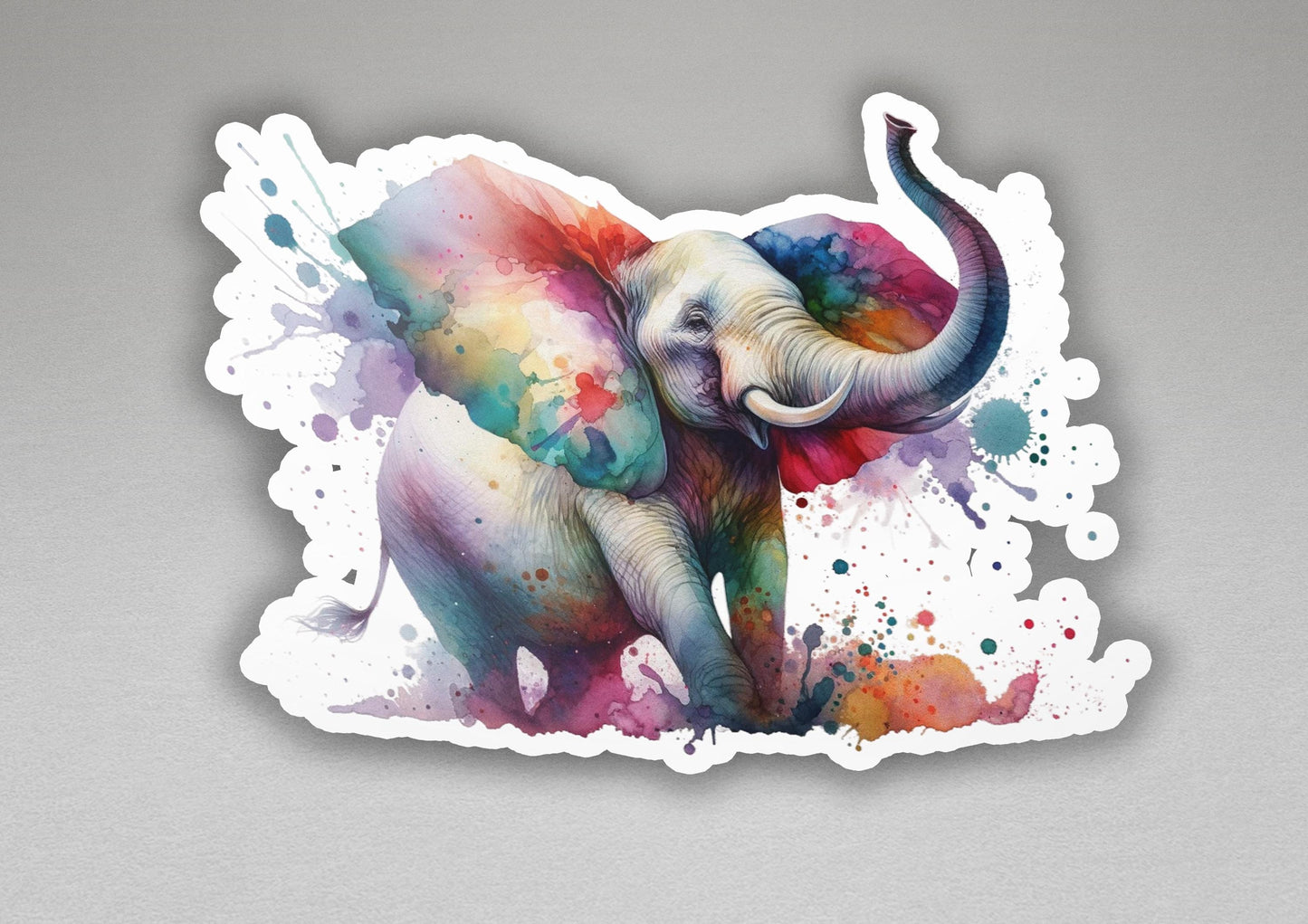 a sticker of an elephant painted with watercolors