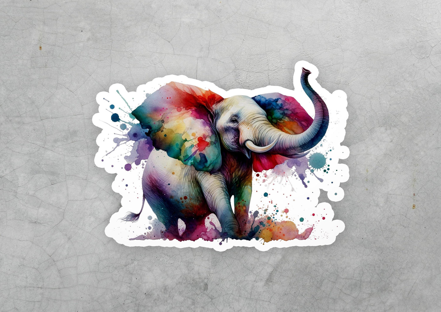 a sticker of an elephant painted with watercolors