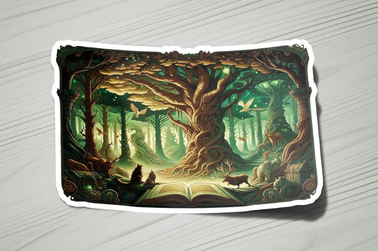 a sticker with a painting of a forest scene