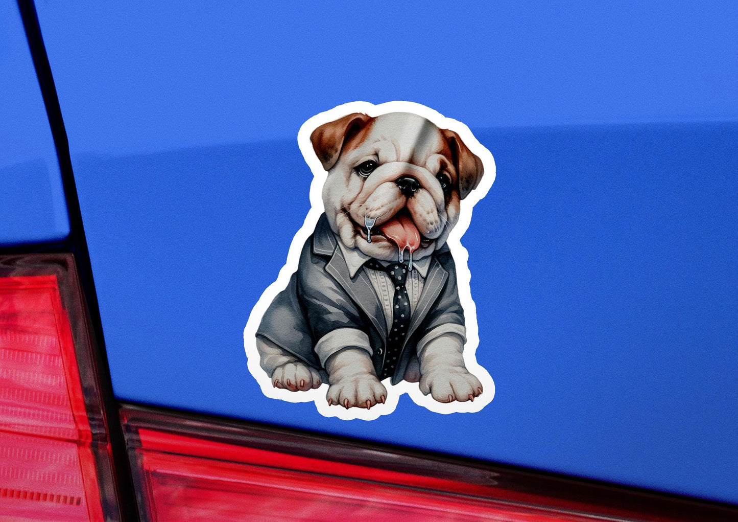 a sticker of a dog wearing a suit and tie