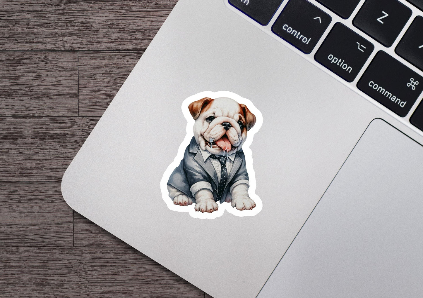 a sticker of a dog wearing a suit
