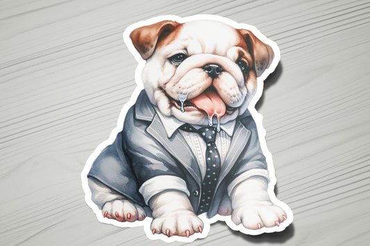 a sticker of a dog wearing a suit and tie