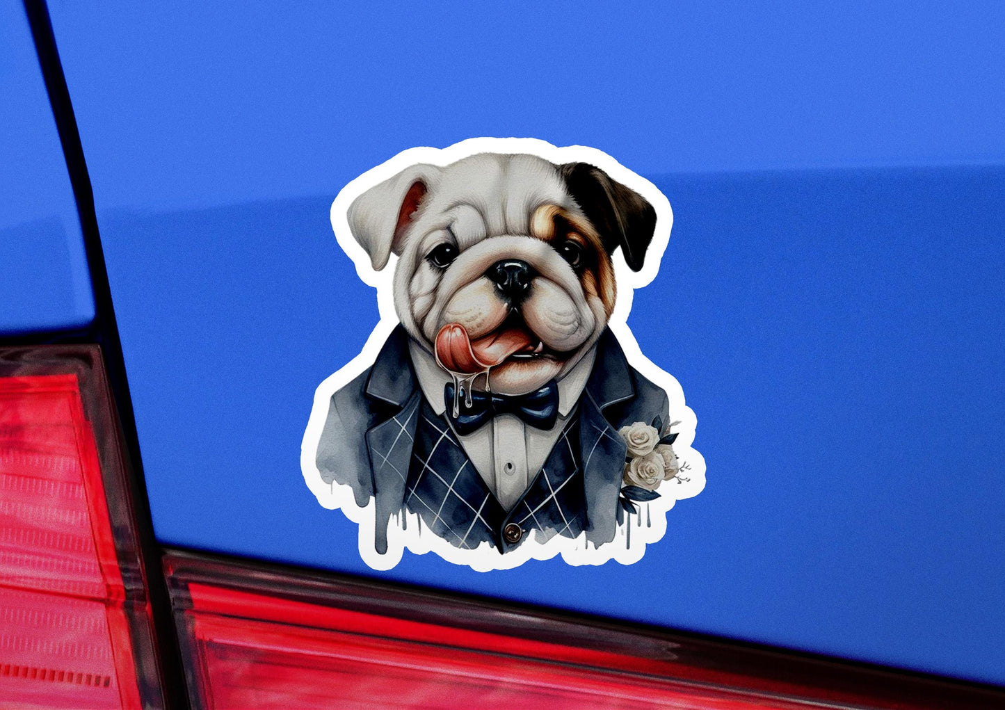 a sticker of a dog wearing a tuxedo