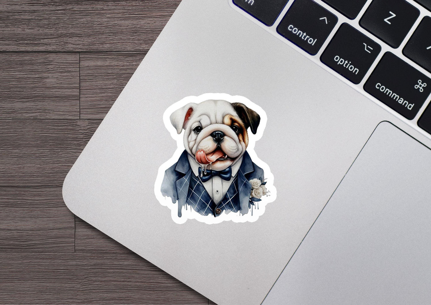 a sticker of a bulldog wearing a suit and tie