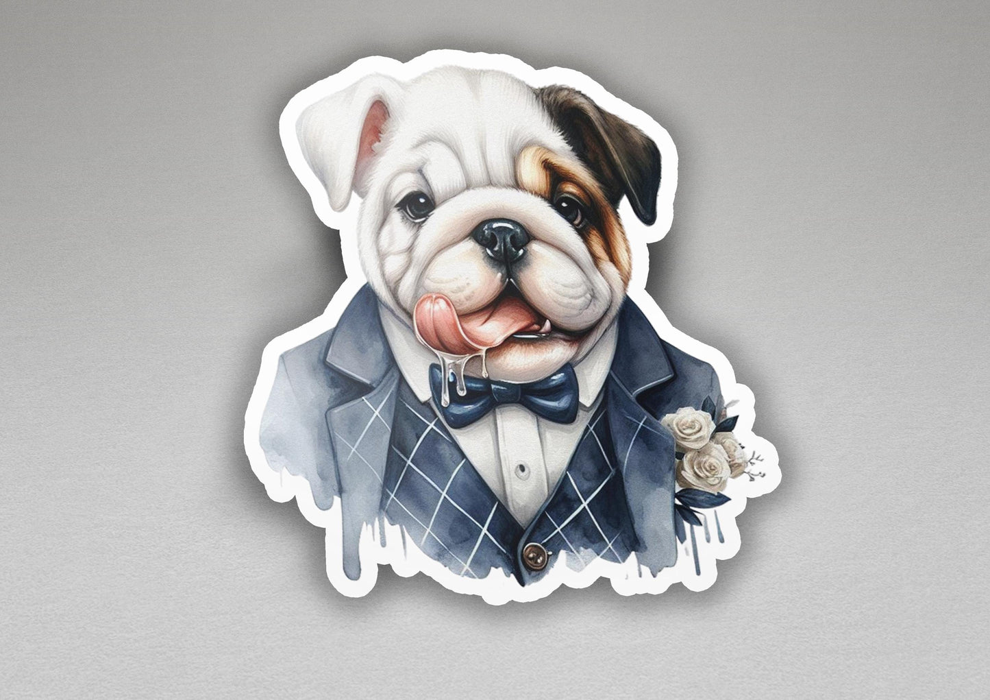 a sticker of a dog wearing a tuxedo
