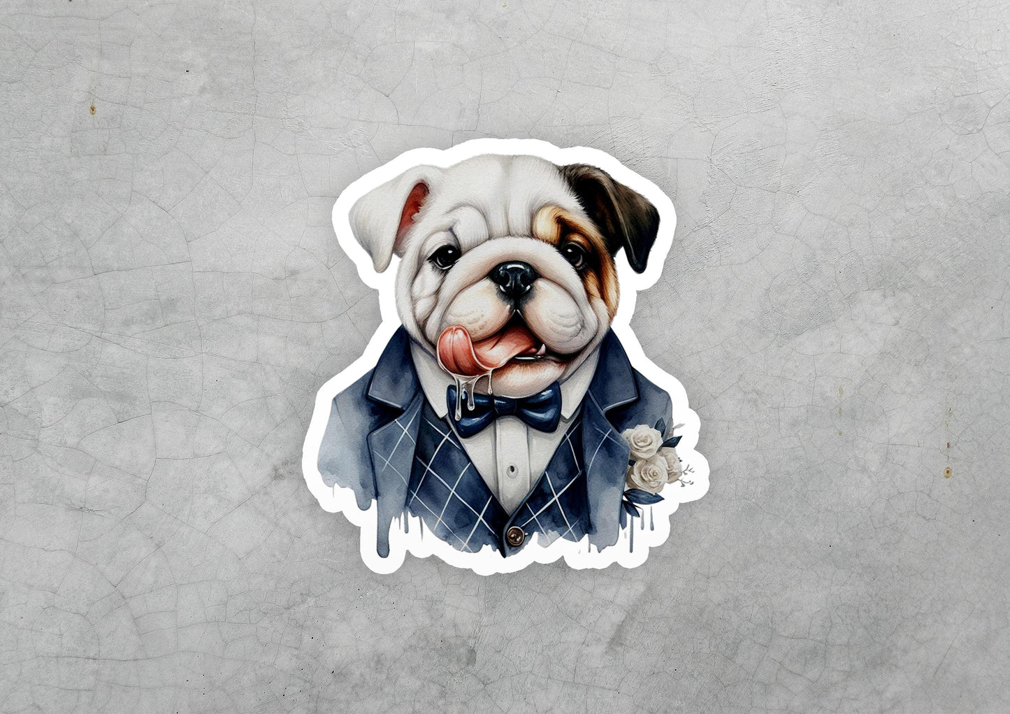 a sticker of a bulldog wearing a tuxedo