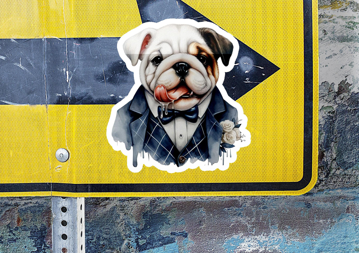 a sticker of a dog wearing a tuxedo