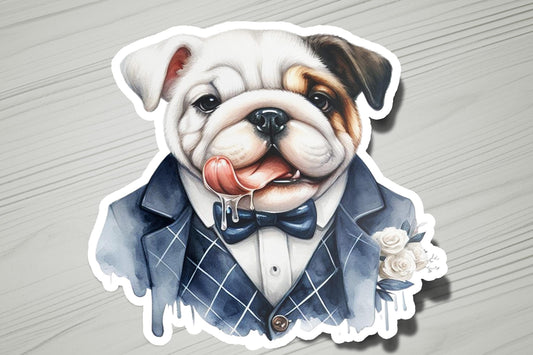 a sticker of a bulldog wearing a tuxedo