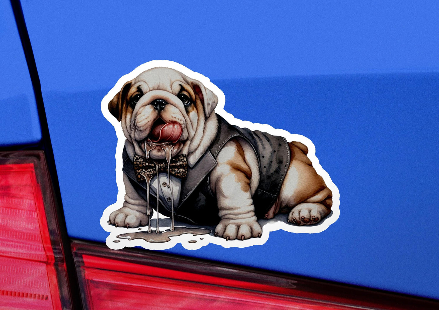 a sticker of a dog wearing a bow tie