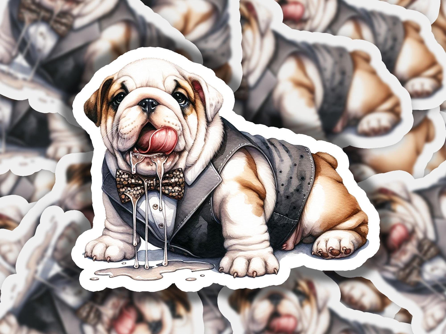 a sticker of a dog wearing a bow tie