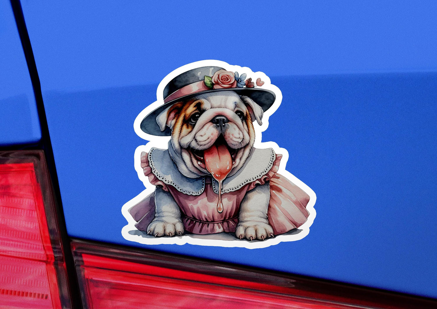 a sticker of a dog wearing a dress and a hat